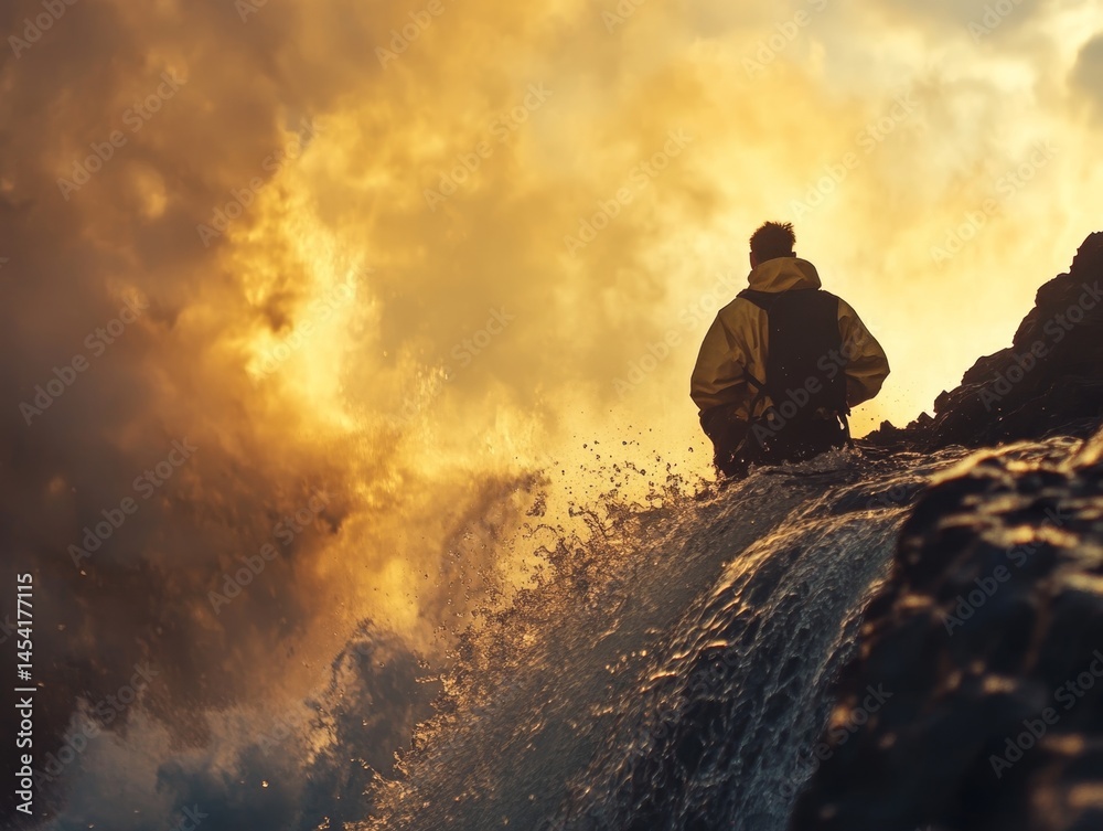 A photograph of a person watching sunrise over ocean waves on a rocky shoreline with cloud-covered sky.
