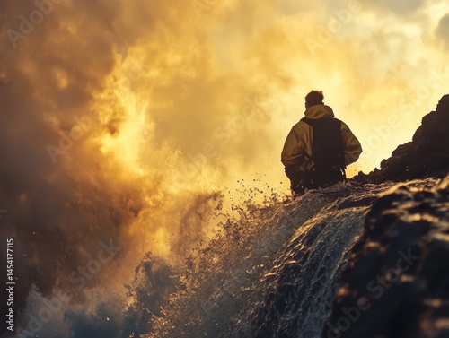 Obraz na płótnie A photograph of a person watching sunrise over ocean waves on a rocky shoreline with cloud-covered sky. w salonie