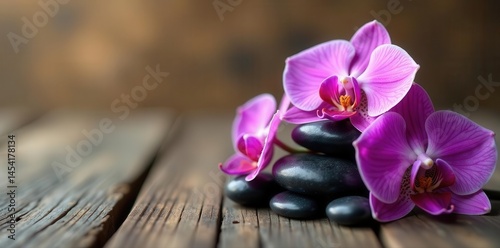 Polished spa rocks, orchid blossoms arranged on wooden surface, rocks, vibrant, organic