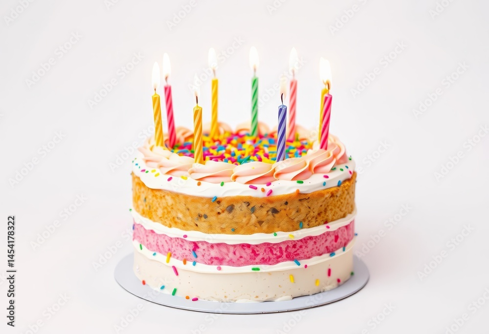 A vibrant birthday cake with colorful frosting and lit candles on a pristine white background, bright, festive A vibrant birthday cake with colorful frosting and lit candles on a pristine white background, bright, festive
