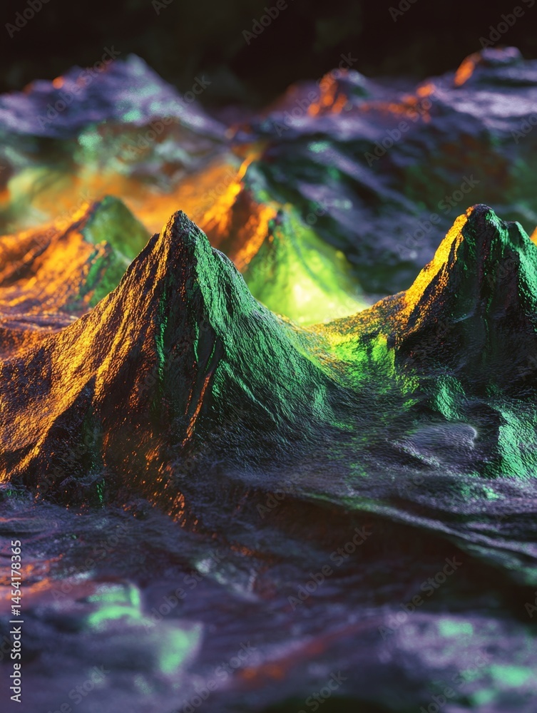 Vividly colored volcanic landscape with glowing effects.