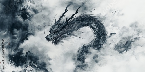 Obraz na płótnie A digital painting of a fantastical dragon in a stormy sky. w salonie