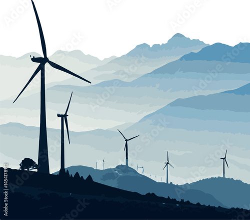 Wind Turbines in Mountain Landscape Silhouette Vector