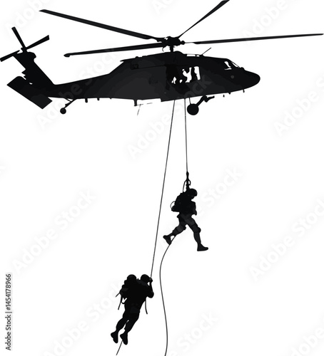 Black Hawk Helicopter Rappelling Silhouette Vector