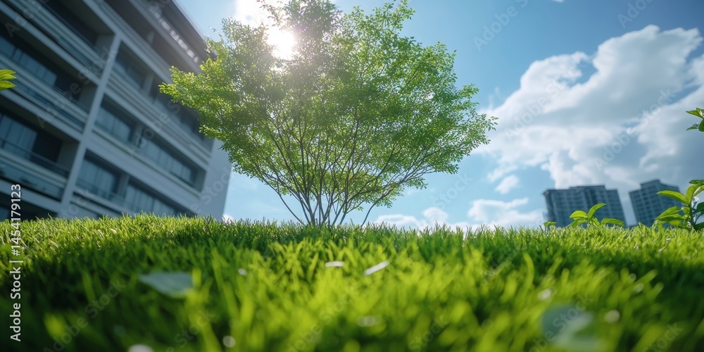 A cityscape with a vibrant green tree and grass, in front of modern buildings on a sunny day.