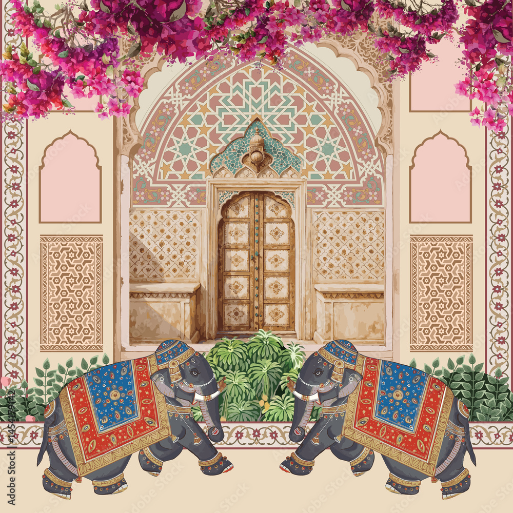 custom made wallpaper toronto digitalTraditional Rajasthani mughal palace, arch gate with garden, elephant, bougainvillea illustration