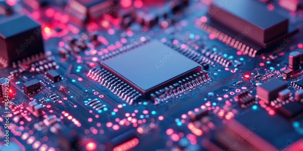 Red and green components on a modern electronic board