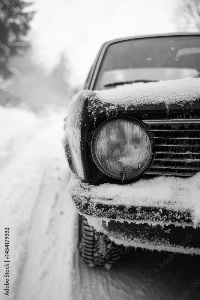 A classic car parked in the snow, covered with a light dusting of frost and surrounded by winter road conditions.