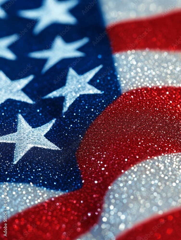 Close-up of American flag with golden sparkles and glitter, perfect for Independence Day or patriotic events.