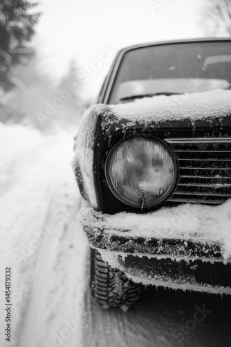 Obraz na płótnie A classic car parked in the snow, covered with a light dusting of frost and surrounded by winter road conditions. w salonie