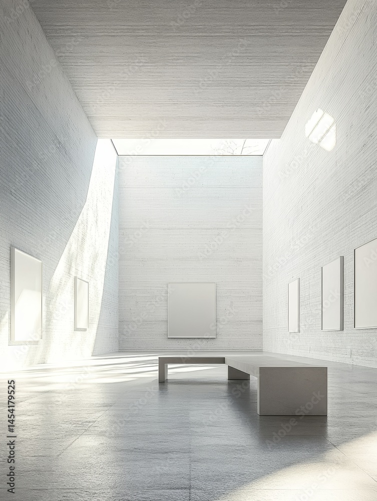 An empty, modern art gallery with concrete walls, minimalist design, and natural lighting.