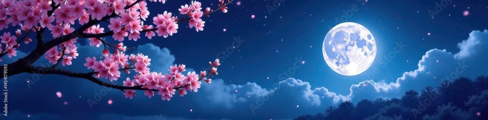 Fototapeta premium Moonlit cherry blossoms, delicate branches silhouetted against night sky, elegant, texture, dreamy