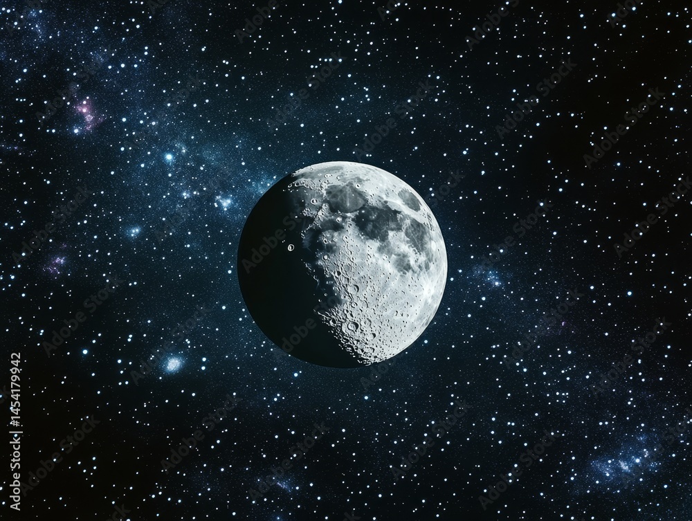 Moon in the night sky amid stars.