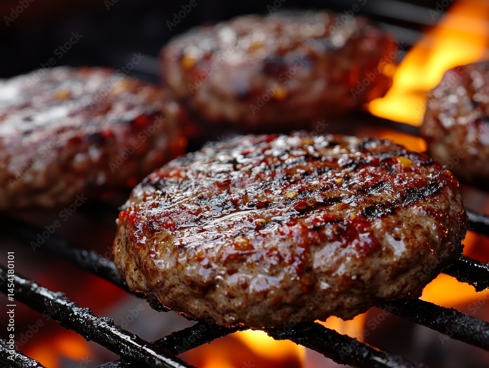 Cooked meat patties with visible grill marks and charred edges.