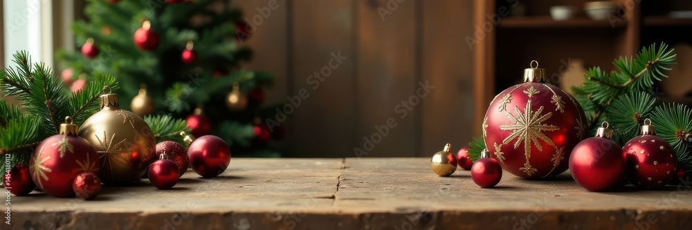 Fototapeta premium Rustic wooden table displays vintage Christmas ornaments Ample copy space , copy space, rustic, christmas