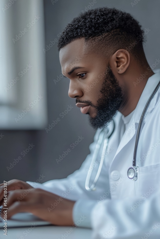 Doctor in white coat focused on laptop screen, possibly working through medical records or research.