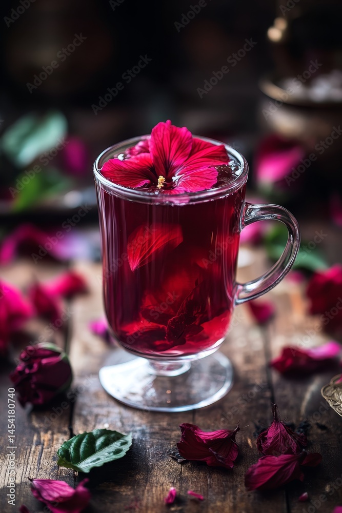 Delicate pink tea with flower petals and warm hues, suggesting a sweet and soothing beverage for a romantic gift.