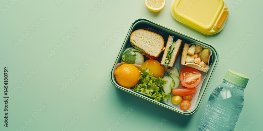 A colorful meal with sandwiches, salad and fruits.