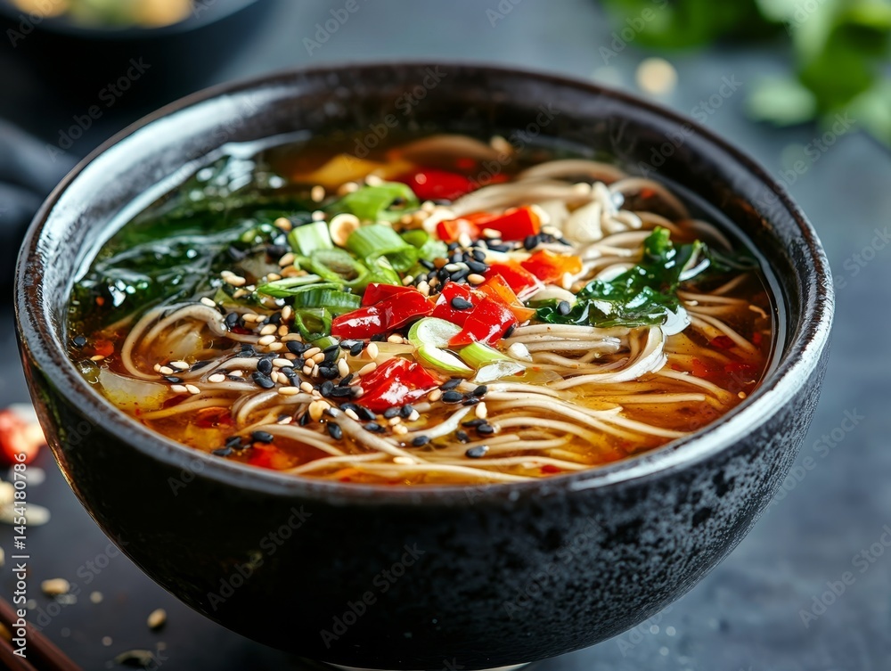 A tasty bowl of soba noodle soup garnished with fresh vegetables such as onions, herbs, garlic, peppers, and sesame seeds. Perfect comfort food served in a black ceramic bowl.
