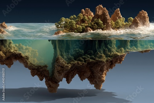 Surreal floating rocks and water splash landscapes with trees, perfect for editorial use, concept art, eco-themed campaigns, or metaphoric visuals exploring balance and transformation.