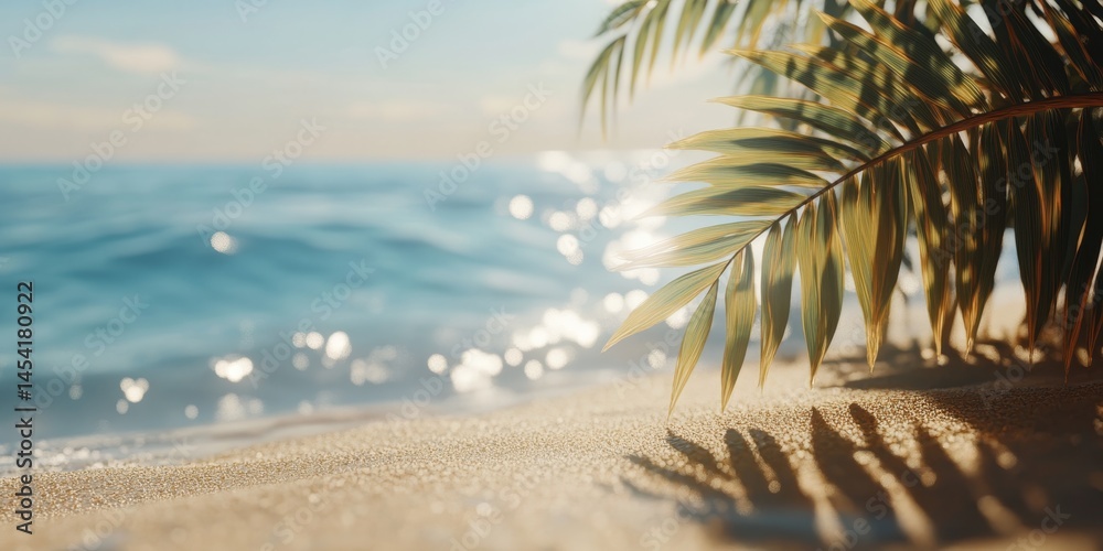 Serene sandy beach at sunset with palm trees, calm ocean waves, and a bright sky.