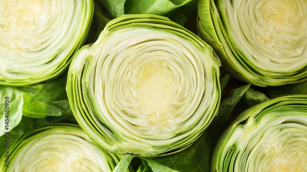 Fototapeta premium Close-up of fresh, sliced cabbage heads showing detailed green and white layers.