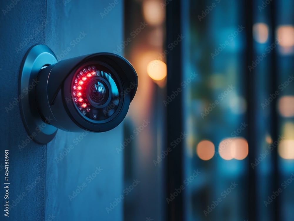 An indoor security camera with night vision, mounted on a wall inside a building.