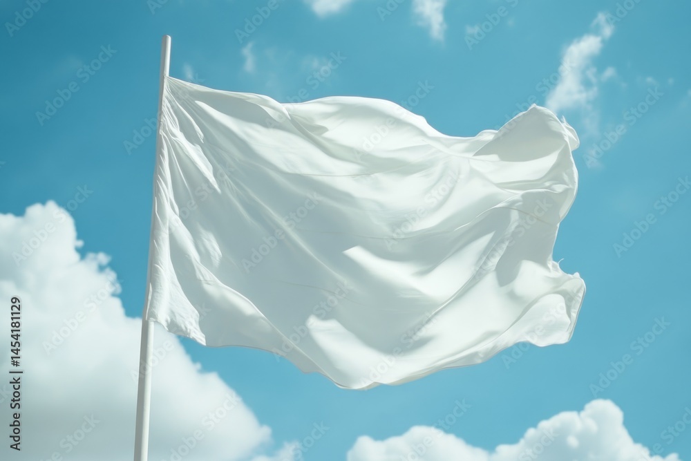 White flag waving high on a pole against the backdrop of a clear blue sky. Symbol of peace, surrender or negotiations.