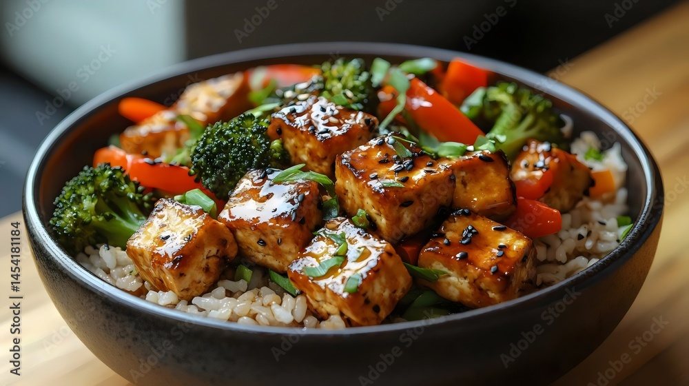 A delightful bowl of glazed tofu stir-fry with fresh vegetables and rice.