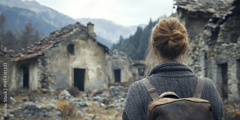 A woman with a backpack contemplating the past in an abandoned village.