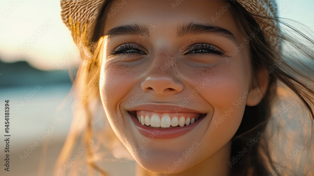 A cheerful young lady enjoys her time at the beach during sunset.