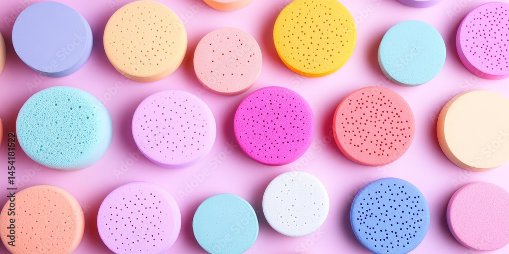 Colorful circular decorative beads on a pink background with pattern texture. Crafts and fashion design material.