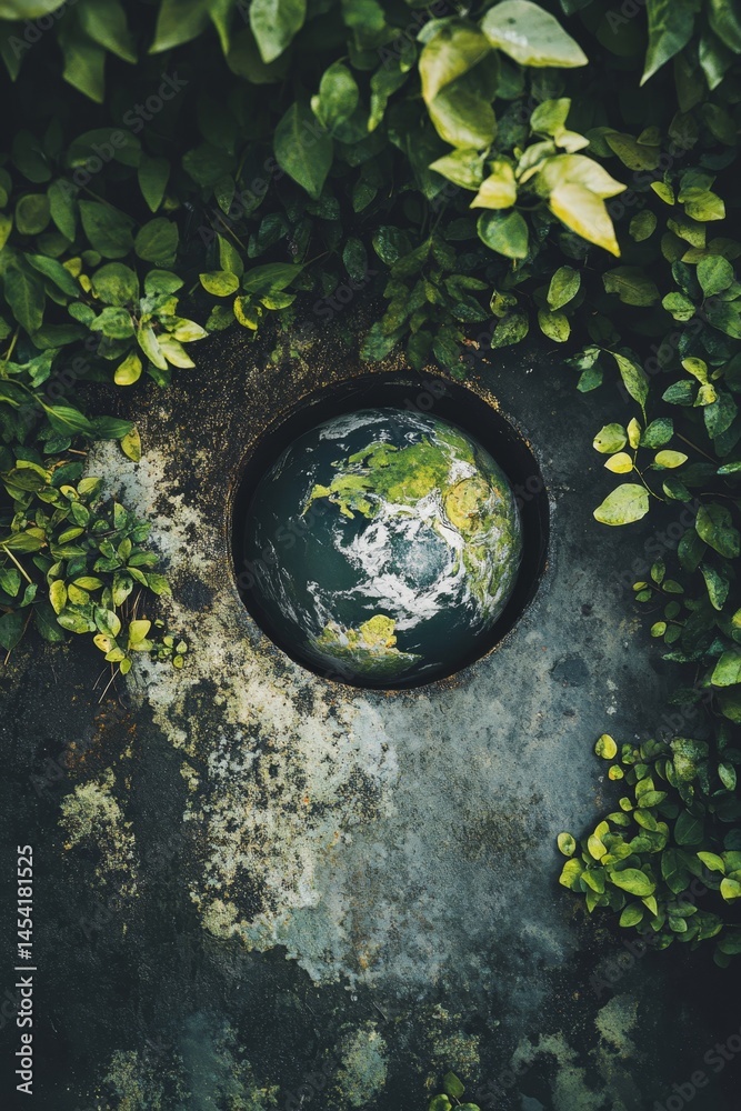 A vibrant garden setting featuring a small pond of water with an Earth globe inside. The backdrop is lush green plants, emphasizing the theme of nature and environmental conservation.