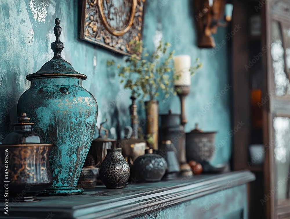 Vintage blue and white porcelain pieces on a shelf, with ornate designs and candle holders.