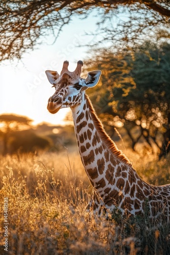 Obraz na płótnie Giraffe standing in a savanna with the sun setting behind it, silhouette against tree canopy. w salonie
