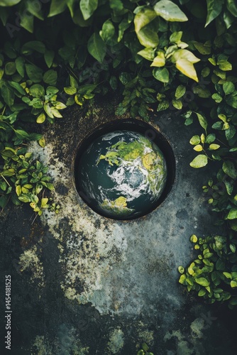 Obraz na płótnie A vibrant garden setting featuring a small pond of water with an Earth globe inside. The backdrop is lush green plants, emphasizing the theme of nature and environmental conservation. w salonie