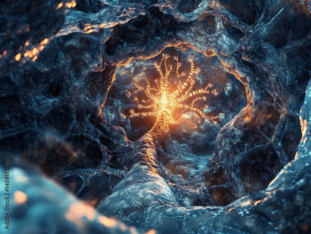 The image captures the magma chamber of a volcano, bathed in ethereal light that illuminates its intricate structures.