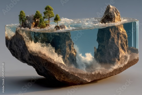 Surreal floating rocks and water splash landscapes with trees, perfect for editorial use, concept art, eco-themed campaigns, or metaphoric visuals exploring balance and transformation.
