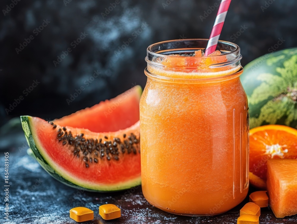 A refreshing blend of melons in a glass mason jar, with slices of watermelon and orange garnish on a black surface.