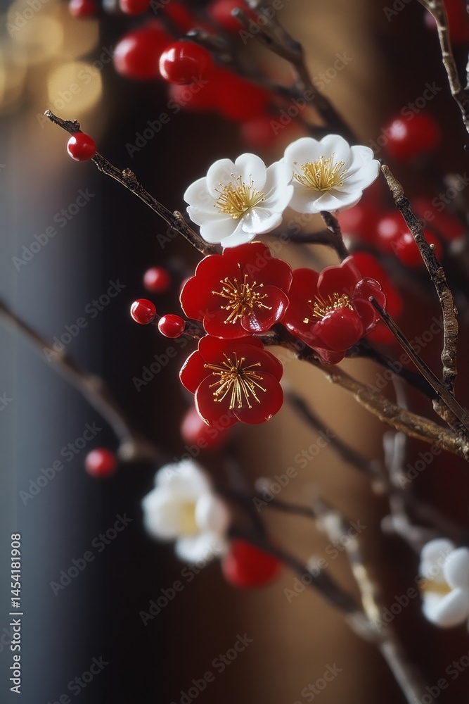 This is a vibrant and delicate flower arrangement featuring red and white cherry blossoms, set against a backdrop of intricately designed branches.