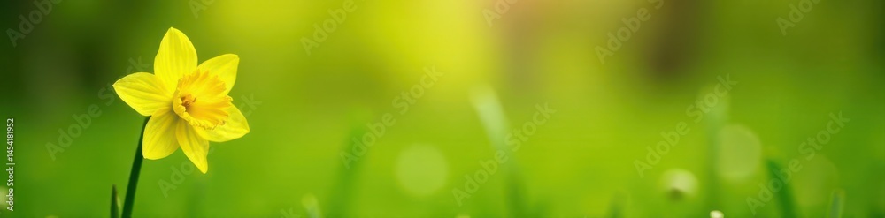 Fototapeta premium Solemn yellow daffodil, vibrant green meadow bokeh, beauty, landscape