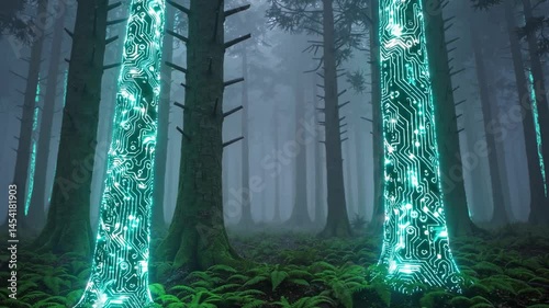 Futuristic Forest with Glowing Circuit Board Trees