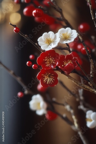 Obraz na płótnie This is a vibrant and delicate flower arrangement featuring red and white cherry blossoms, set against a backdrop of intricately designed branches. w salonie