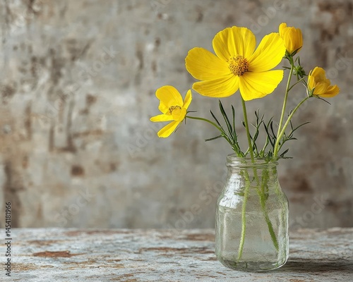 Yellow cosmos flowers in a clear glass vase on a weathered wooden table