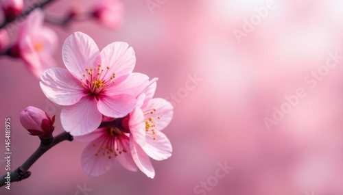 Delicate pink cherry blossoms in full bloom against a soft, blurred background , garden, bloom