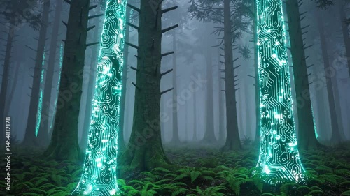 Futuristic Forest with Glowing Circuit Board Trees