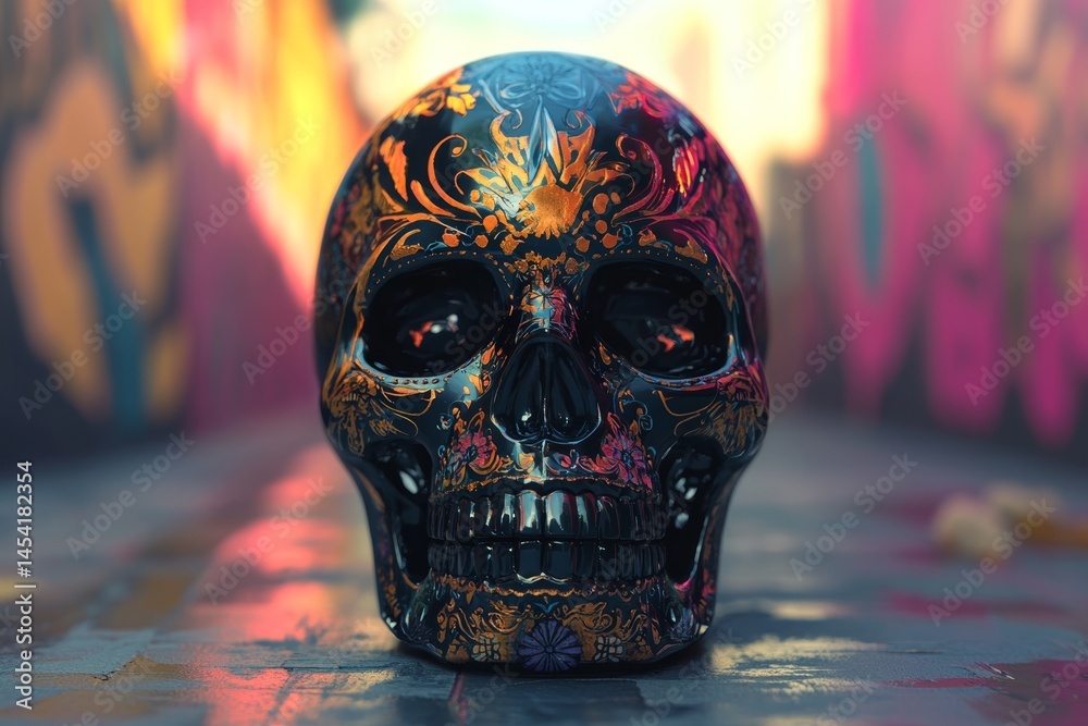 Artistic sugar skull with vibrant colors and intricate designs, symbolizing the Mexican Day of the Dead celebration.