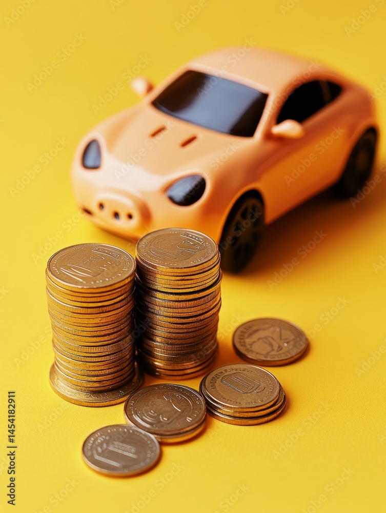 A stack of gold coins in front of a toy racing car, symbolizing financial success through saving for large purchases or future goals.