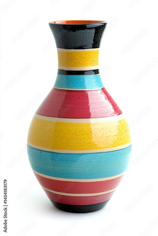 This striking ceramic vase features a unique striped pattern in a range of vibrant colors. Each stripe is carefully handcrafted, showcasing the artistry involved in this pottery.