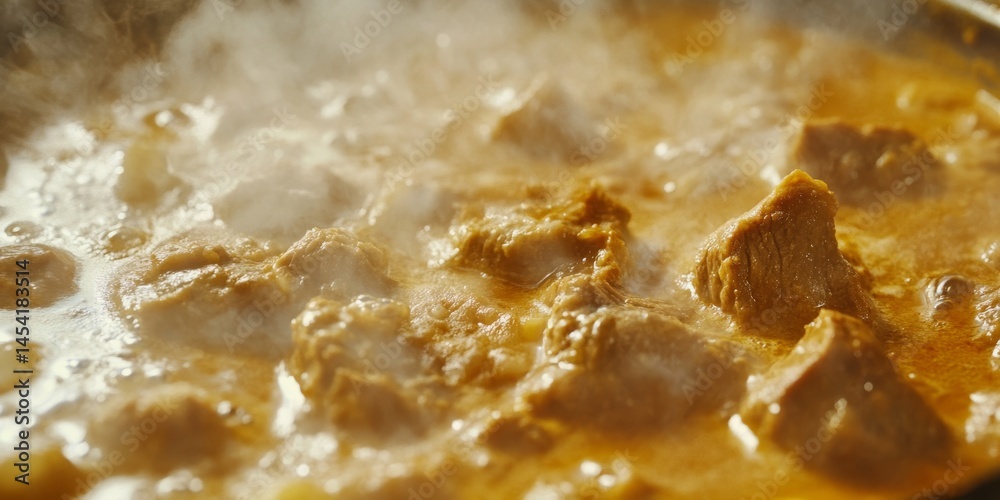 A pot of soup is boiling on a stove. The steam rising from the pot is thick and white